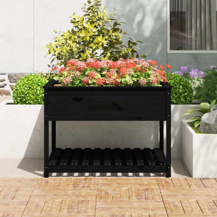 ANTI-UV Jardinière pour Plantes Pot de Fleur Jardin et étagère Noir 1115x1115x81 cm Bois massif de pin J2570AS2570EU