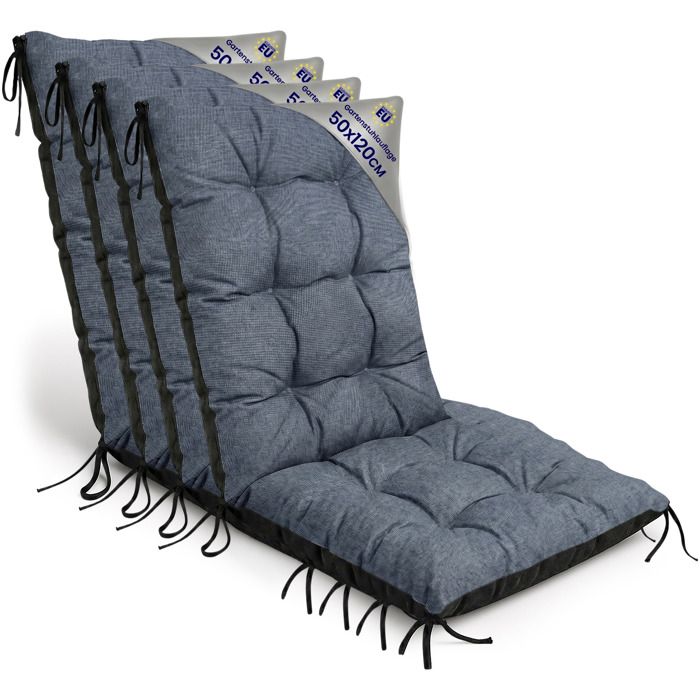 Coussin Chaise Jardin Dossier Haut Set: 4x 50x120 cm - Matelas Siege Extérieur Mobilier Confort Imperméable Jean lin écologique