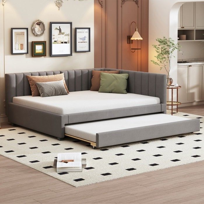 Canapé-lit velours gris 140x200cm extractible lattes enfant ado invité