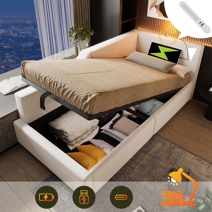 Lit jour capitonné - PAGE Living N616P192899B - 90x190 cm - Velours beige - Sommier hydraulique USB-C lampe