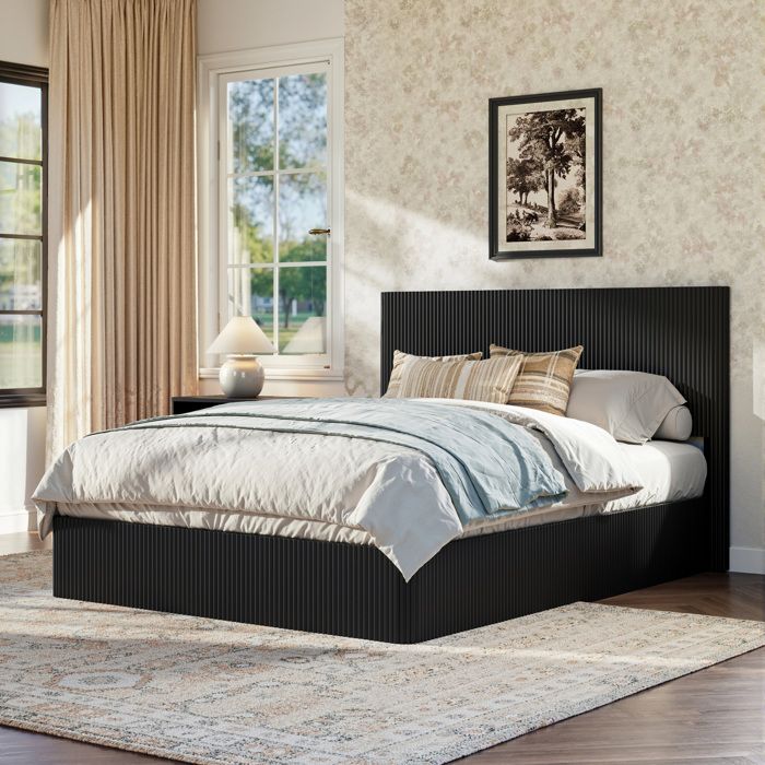Lit coffre noir 160×200 cm sommier inclus rangement intégré structure solide sans matelas