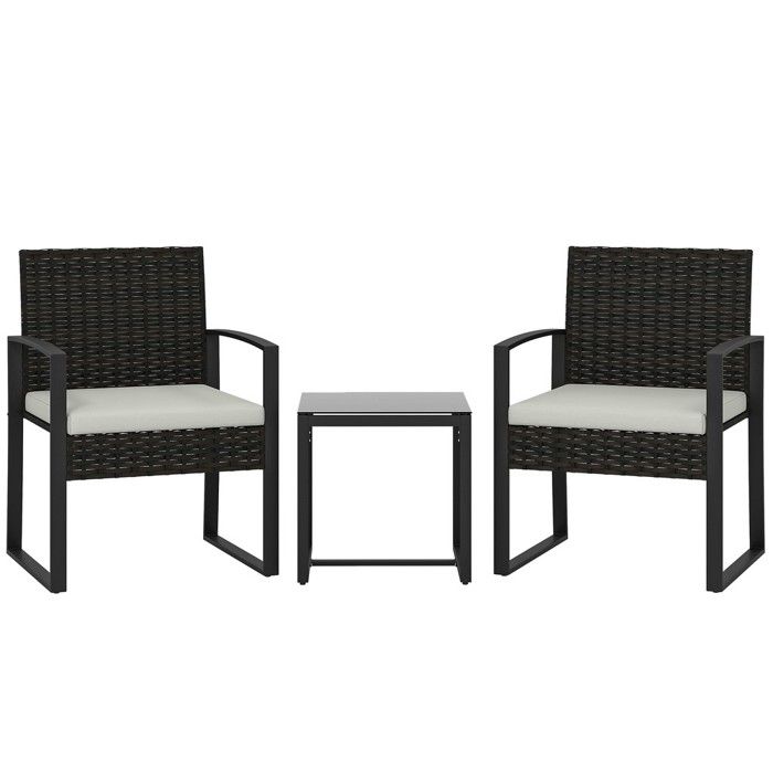 Ensemble bistrot rotin 3 pièces table basse et 2 fauteuils coussins amovibles crème Outsunny