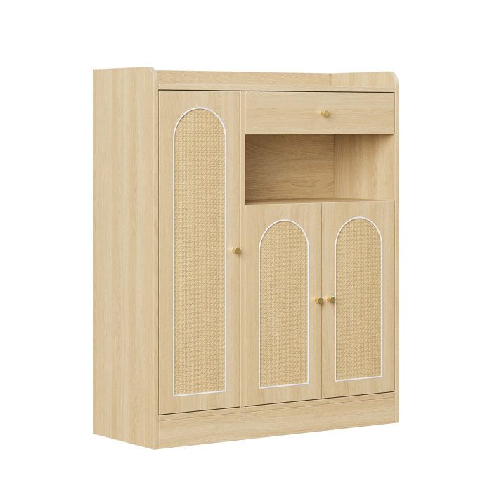 Meuble à Chaussures - Commode Entrée - 90x35x110 cm - 3 Portes en Rotin - 1 Tiroir - Étagères Réglables - Style Bohème - Naturel