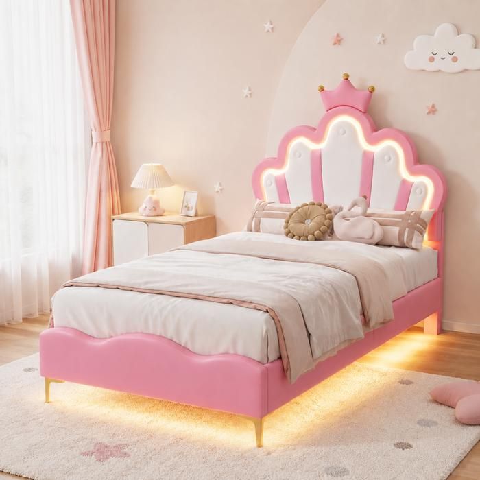 Lit Enfant 90x190 cm avec LED Lit Princesse Moulures de Couronne Tête de lit Réglable Lit Fille Simple avec Sommier PU Rose