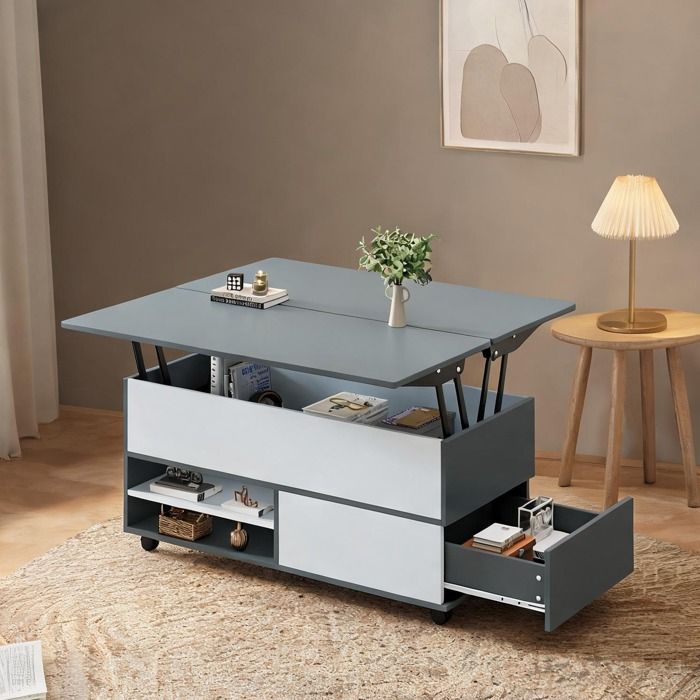 Table basse relevable contemporaine en panneaux de particules gris et blanc 100 x 98 x 65 cm avec tiroirs et roulettes style