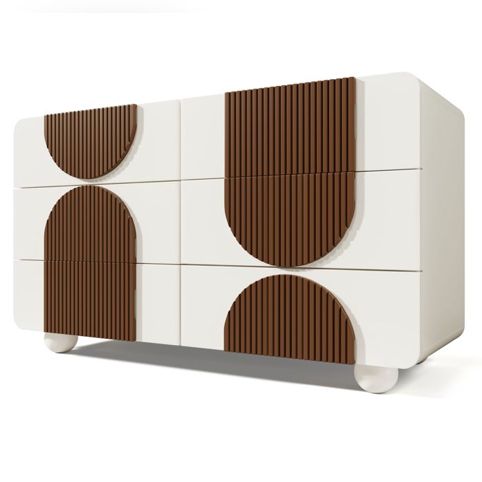 Commode blanche 6 tiroirs design incurvé avec détails bois chocolat rangement élégant pour chambre et salon Commode blanche 6 tiroirs design incurvé avec détails bois chocolat rangement élégant pour chambre et salon