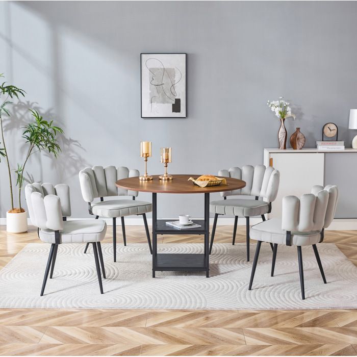 Table de Salle à Manger 4 Personnes Ronde avec 2 Étagères et 4 Chaises - ELVMI - Gris Clair Noyer et Noir