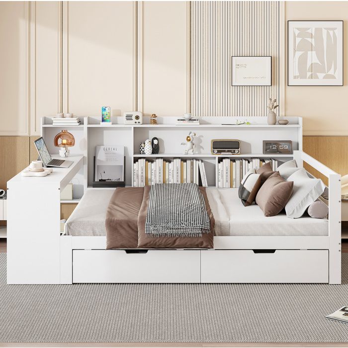 Lit combiné Double 140×200 cm avec Bureau Bibliothèque 2 Tiroirs et USB - YEAVIO - sans matelas Bois - Blanc