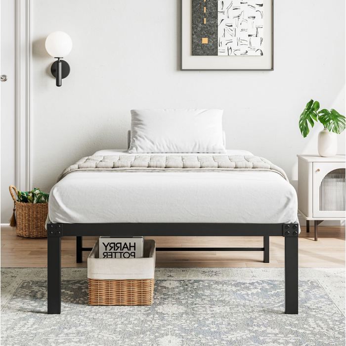 Sommier Metal 90x200 Noir Cadre De Lit Plateforme FloraGrace Pour Chambre Silencieux Sans Boxspring 200x90x36cm