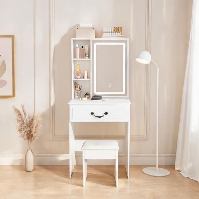 Coiffeuse design blanche avec miroir LED 3 tons tabouret capitonné et rangements – 60x36x131 5 cm