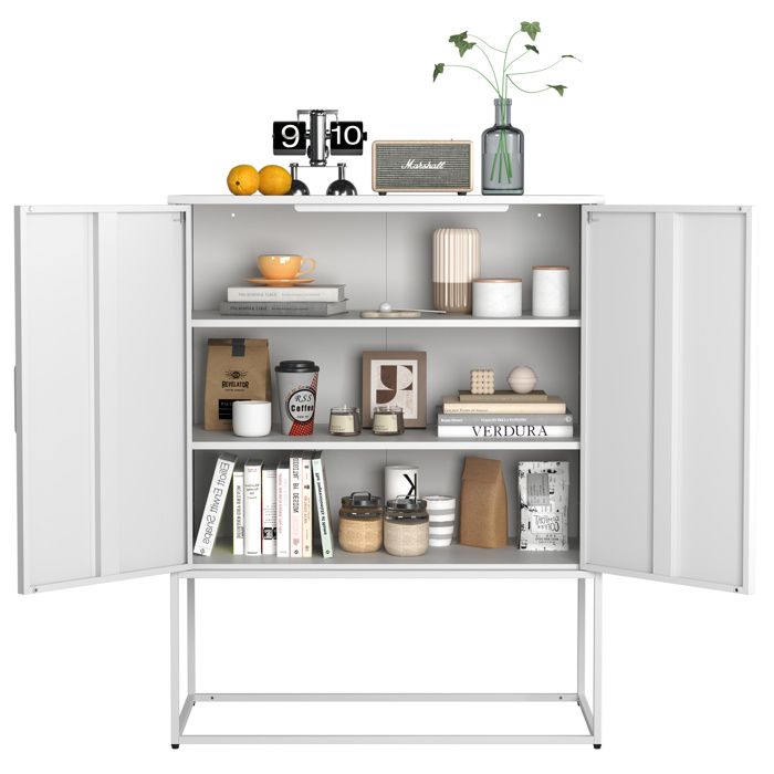 SENVIRO Buffet haut en métal blanc 85 x 40 x 109 cm 2 étagères fixes portes magnétiques anti-basculement