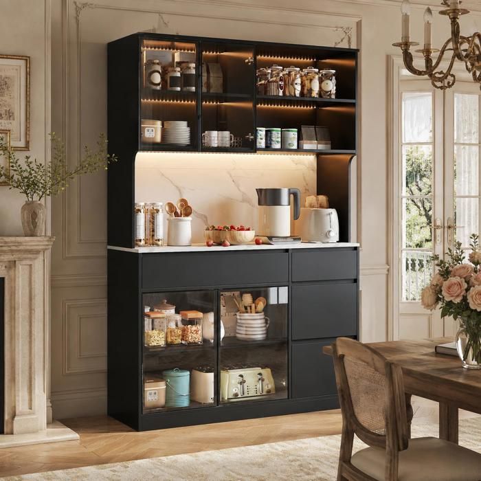 Buffet de Cuisine Buffet Haut Noir 120x40x180 cm Vaisselier Vitrine LED Effet Marbre Tiroirs