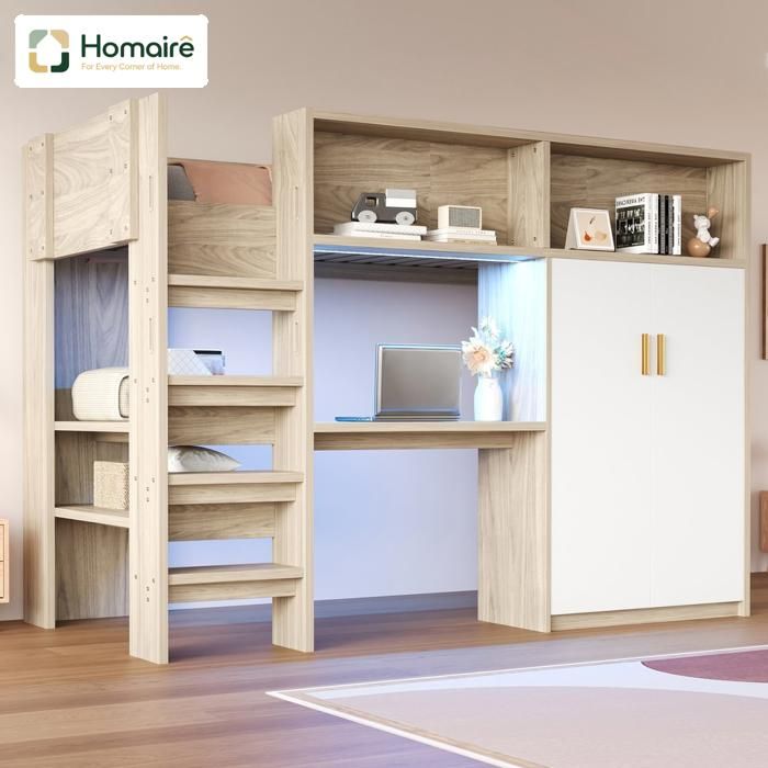 Lit superposé en bois multifonctionnel avec bureau rangement éclairage LED et échelle sécurisée HOMAIRE