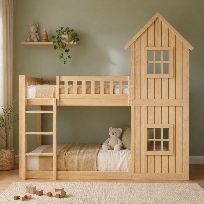Lit superposé enfant - ZEVKOR - 90×200 - Cabane toit maison - Pin naturel - 2 fenêtres & échelle 3 marches