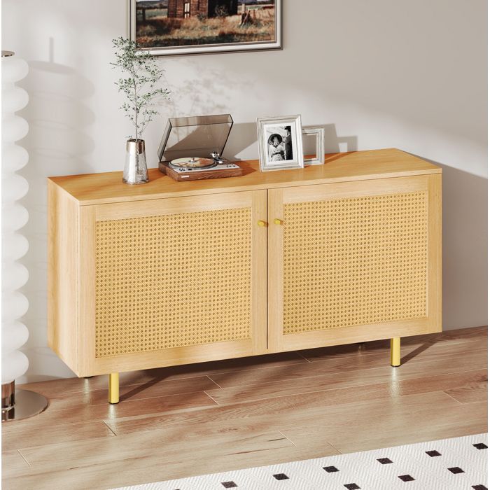 MEULVA Buffet bas double porte en MDF aspect bois naturel 120 cm avec étagère et pieds métal dorés