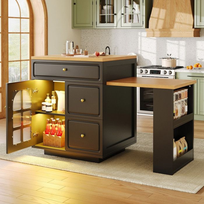 Zitty Îlot Central Extensible avec LED et Tiroirs Desserte de Cuisine Modulable 122-195cm MDF et Verre Noir et Bois