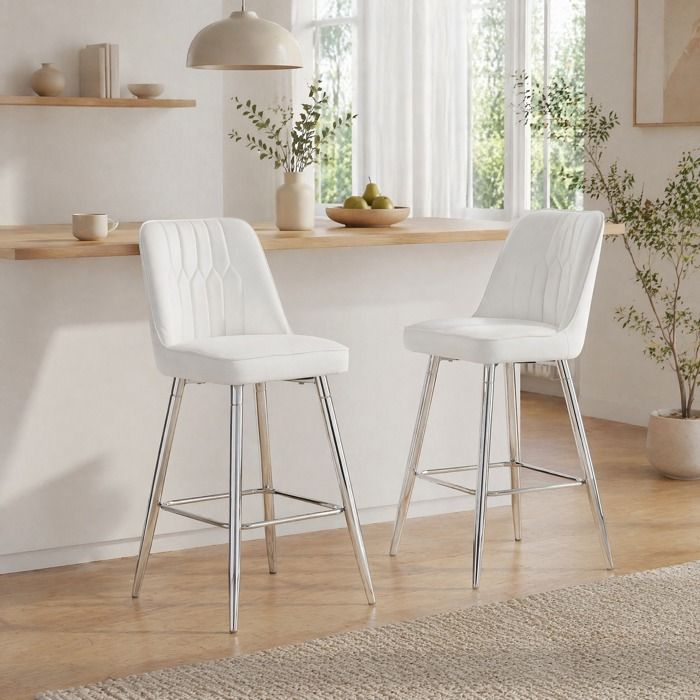 Lot de 2 tabourets de bar 100 cm – Blanc simili PU métal argenté repose-pieds