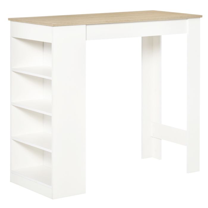 Table de bar pour 2 personnes table haute mange debout avec 4 étagères ouvertes 115x50x102 7cm blanc et bois naturel