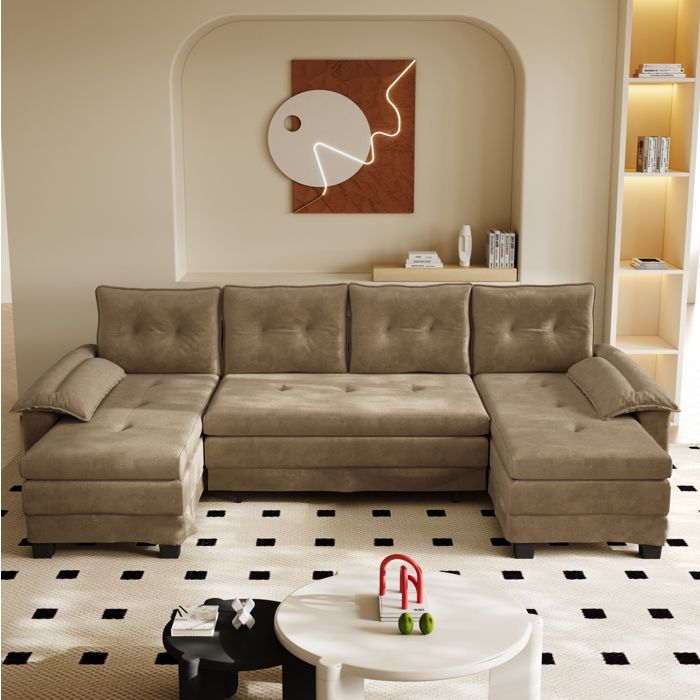 Canapé convertible d’angle U kaki 278 x 127 x 87 cm USB intégré accoudoirs amovibles 4 coussins