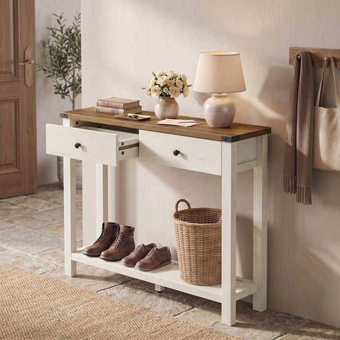 Table de Console Table dEntrée avec Tiroirs et Étagère Ouverte 100 x 24 x 76 cm Style Ferme Blanc Rustique et Marron Table de Console Table dEntrée avec Tiroirs et Étagère Ouverte 100 x 24 x 76 cm Style Ferme Blanc Rustique et Marron