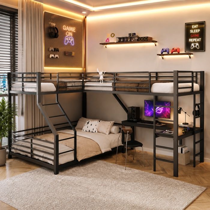 Lit Superposé Enfant 3 Places 90x200 et 140x200 cm Bureau Prises USB et Type-C Barrières Métal et MDF Noir