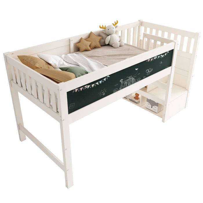 Lit mi-hauteur 90x200 cm en bois massif et MDF blanc tableau interchangeable escalier à rangements sans matelas