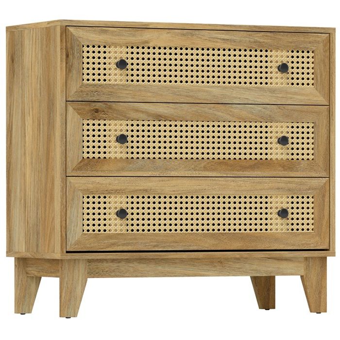 Commode 3 tiroirs meuble de rangement cannage en rotin aspect bois clair 80 x 35 x 76 cm Commode 3 tiroirs meuble de rangement cannage en rotin aspect bois clair 80 x 35 x 76 cm