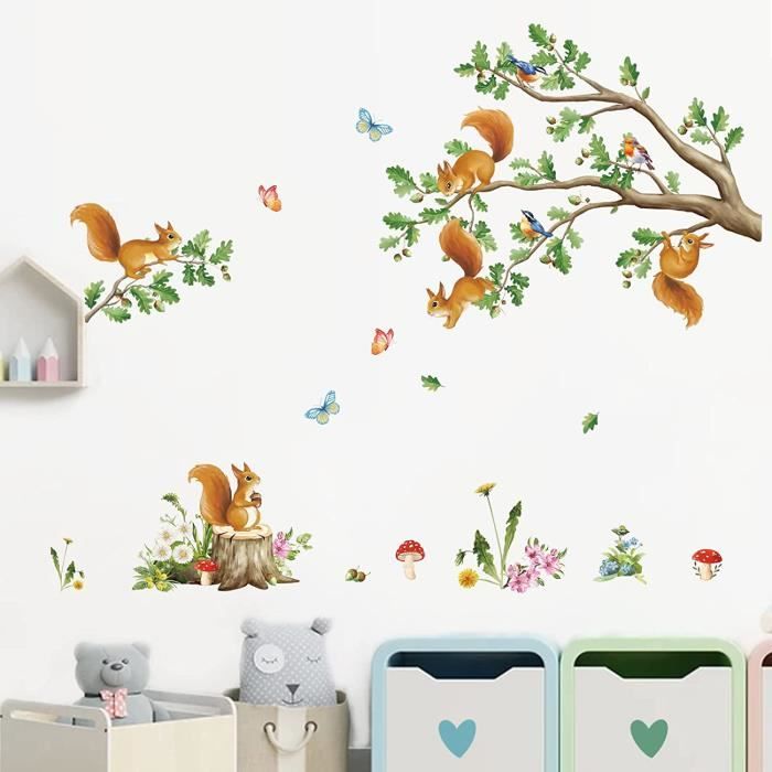 Decalmile Stickers Muraux Forêt Écureuil - Autocollants Enfants Déco Chambre Bébé Arbre Branche