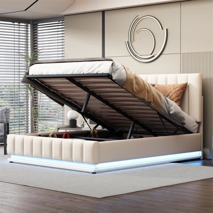 Lit Coffre 160x200cm Avec Tête De Lit Style Chesterfield - Velours Beige, Sommier Lattes Et Rangement Hydraulique | Sans Matelas