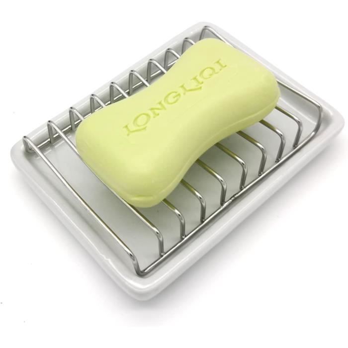 Porte-savon Double Couche Linkidea - Céramique Et Acier Inoxydable - Auto-drainant - 13x9,5 Cm - 5