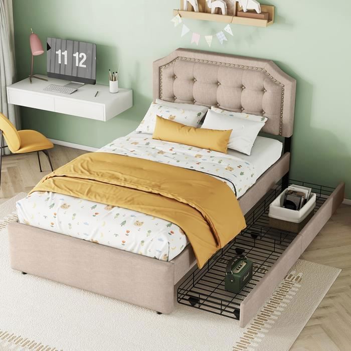 Lit simple - PUGSDRLY - 90x200 - 2 tiroirs - Tissu lin & MDF - Beige foncé