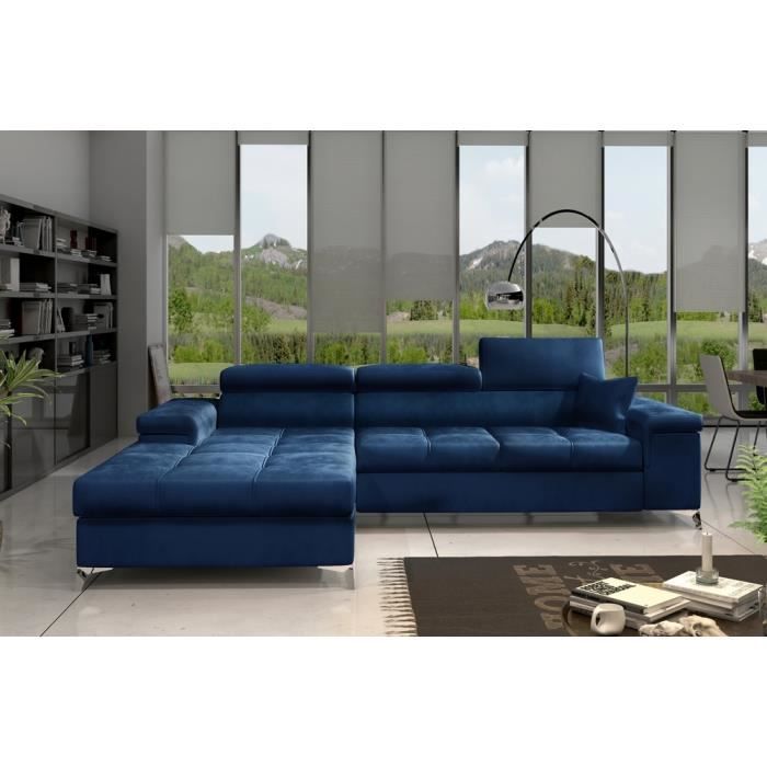 Canapé dangle convertible en tissu luxe 5 places RICHARD bleu angle gauche