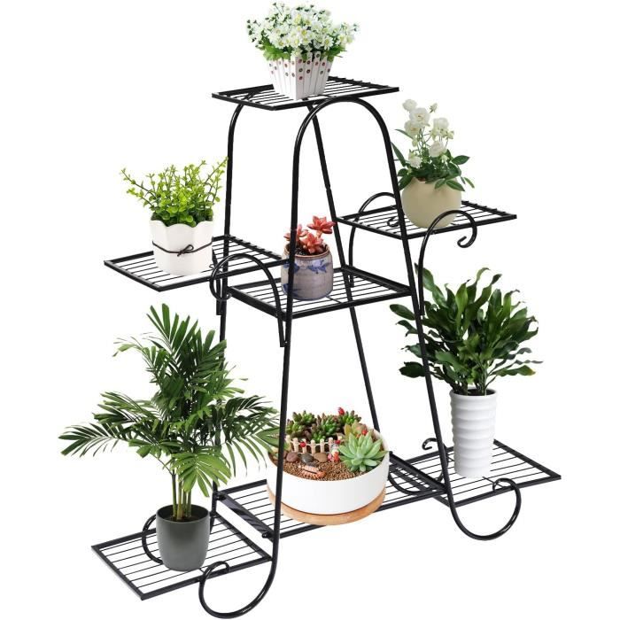 Étagère à Plantes Detroit 5 Niveaux - Design Industriel 106cm - Métal Noir Et MDF Bois - Pour Intérieur
