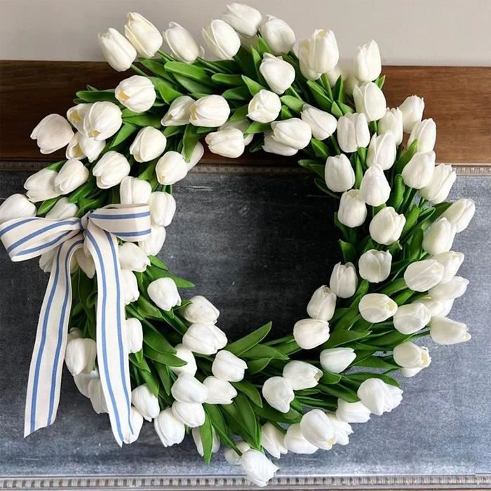 Couronne Tulipes Artificielles Printemps - Décoration Murale 35cm - Rotin Et Soie - Maison/bureau