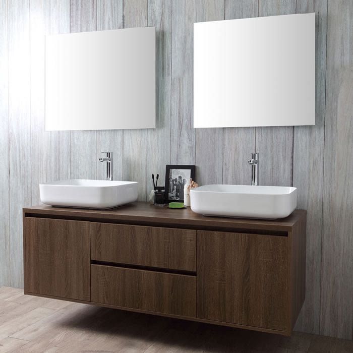 MEUBLE DE SALLE DE BAIN SUSPENDU EN NOYER FONCÉ AVEC DOUBLE LAVABO DAPPUI ET MIROIR SIENA