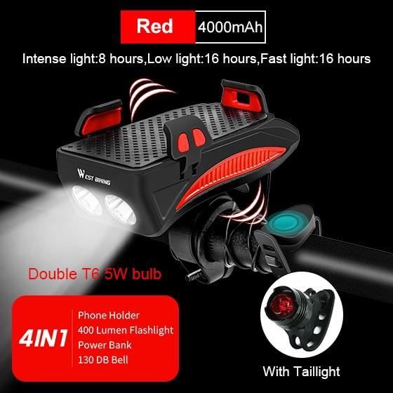 Couleur 4000 Mah Red Set Lampe Torche de Vélo 4 fr 1, Sonnette d'alarme