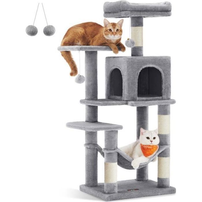 Arbre à Chat - FEANDREA - Hauteur 112 cm - 4 Poteaux à Griffer - 2 Plateformes - 1 Niche - 1 Hamac - Gris Clair