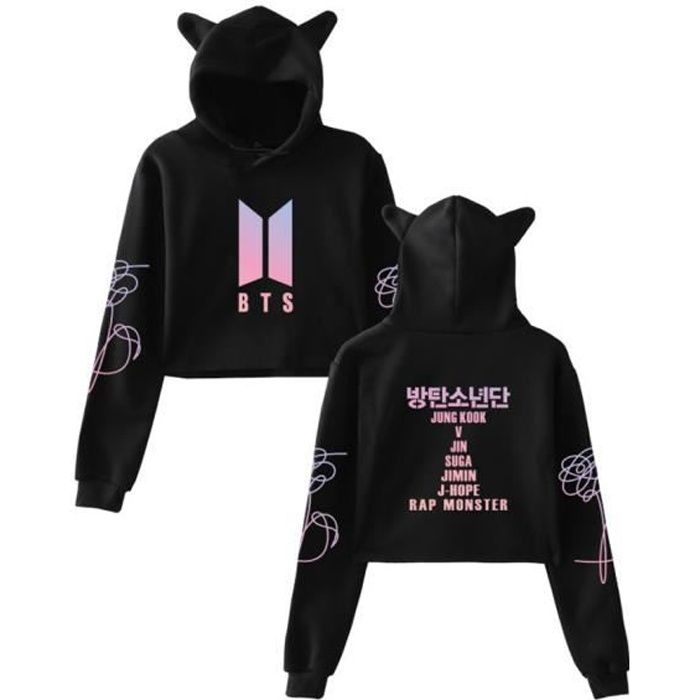 Femme BTS Sweat à Capuche avec Oreille de Chat Bangtan Boys Thème à Manches Longues Mignon Sweatshirt Court Paragraphe