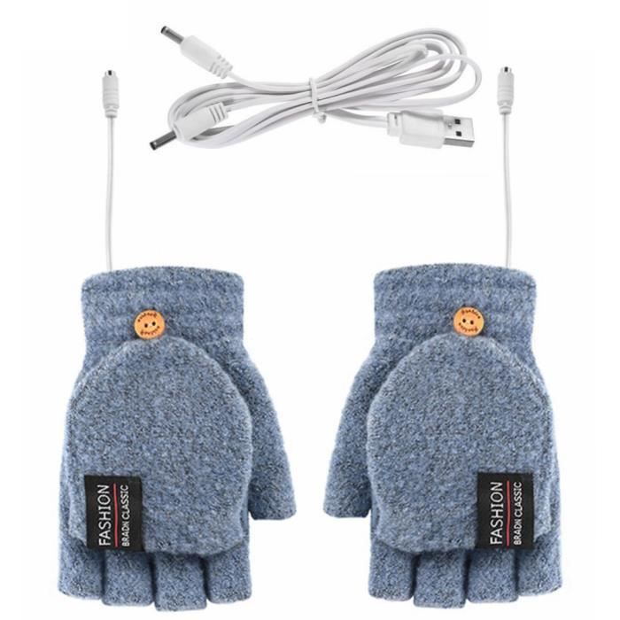 Prumya Gants chauffants USB , gants de sport chauds avec chauffage électrique l'hiver, mitaines pleines et demi-mains chaudes bleu