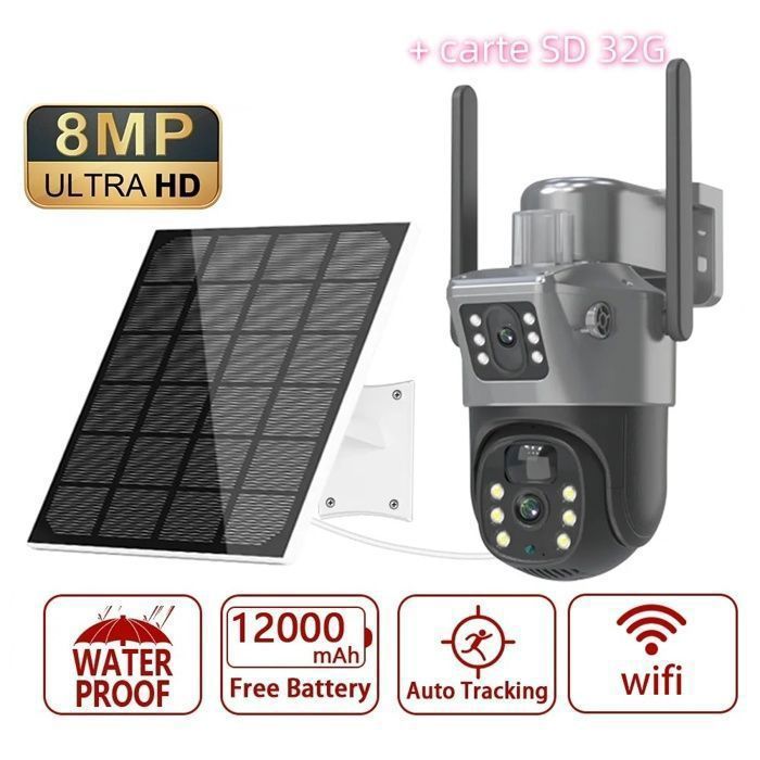 Caméra de surveillance WIFI solaire 8MP Caméra de surveillance extérieur suivi automatique PIR caméra sécurité PTZ + carte SD 32G