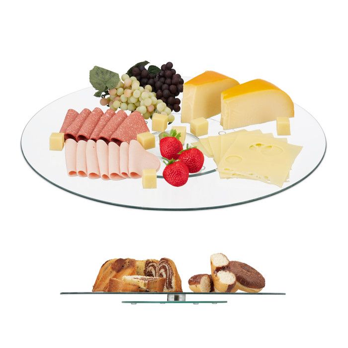 Relaxdays Assiette de service Plateau tournant Assiette présentation verre pâtisserie 360° 45 cm transparent/argent
