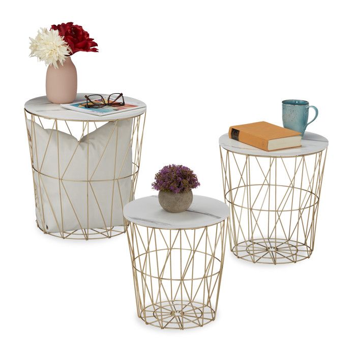 Relaxdays Table corbeille d’appoint lot de 3 panier pour le salon métal et aspect marbre 3 tailles blanc-doré