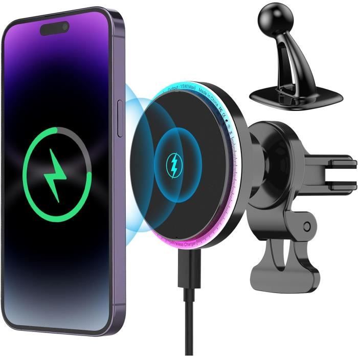 Sewowibo Support Telephone Voiture Mag Safe, 15W Chargeur Mag Safe Voiture Sans Fil, Chargeur Induction Voiture Magnetique Pour I Phone 16/15/14/13/12 Séries, Noir