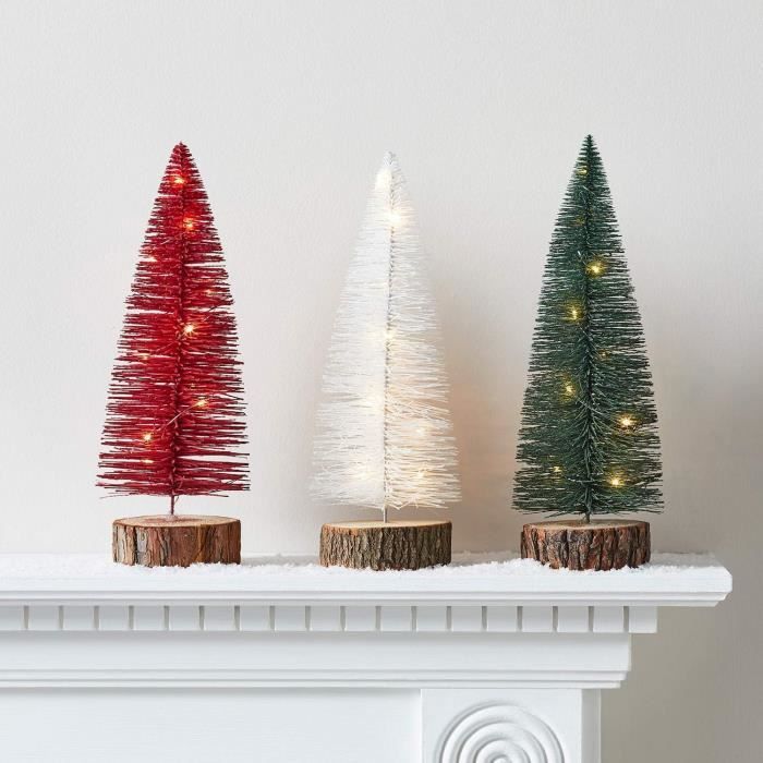 Trio de Mini Sapins de Noël en Bois de Pin de Couleur Rouge Vert Blanc Lumineux de 31cm à Piles