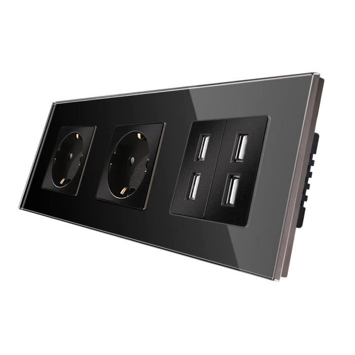 Interrupteur Tactile Verre + Prise Schuko USB Type A/C 20W – Double Compartiment, Noir, LED Bleu
