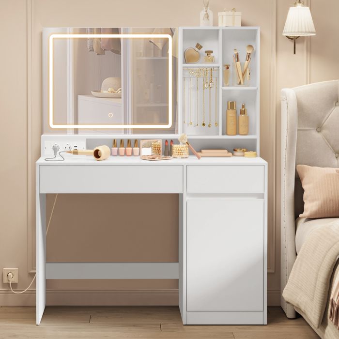 Coiffeuse avec Miroir et Lumière Largeur de 110 cm avec Tiroir et Étagères Réglables Prise de Courant Blanc Nuage Coiffeuse avec Miroir et Lumière Largeur de 110 cm avec Tiroir et Étagères Réglables Prise de Courant Blanc Nuage