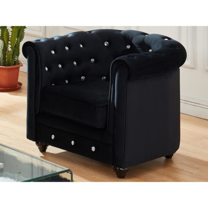 fauteuil chesterfield - velours noir et boutons effet cristal