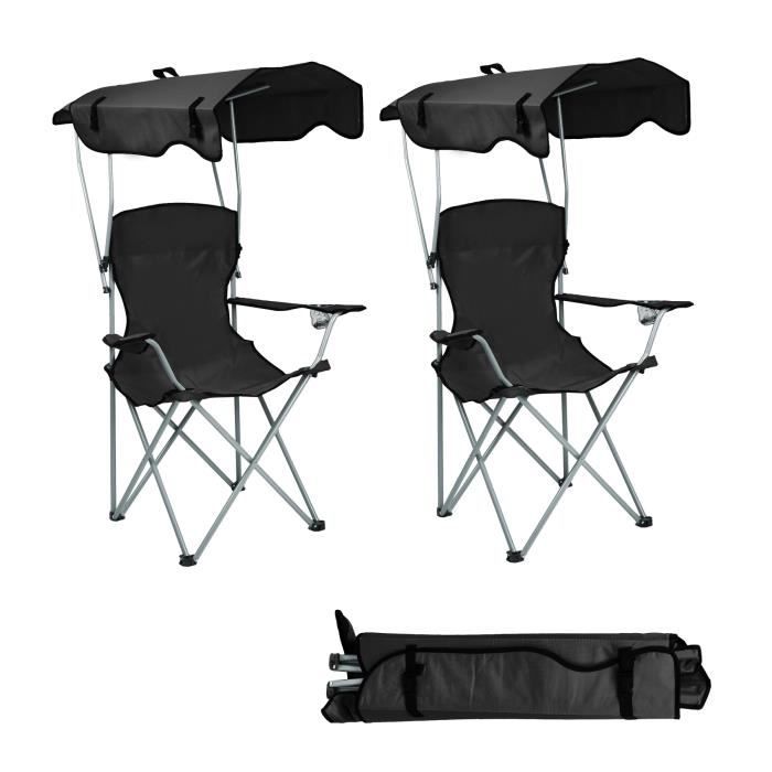 2 X Chaise de camping pliante avec auvent de soleil, Willonin® Fauteuil de Plage portable avec sac de transport Noir