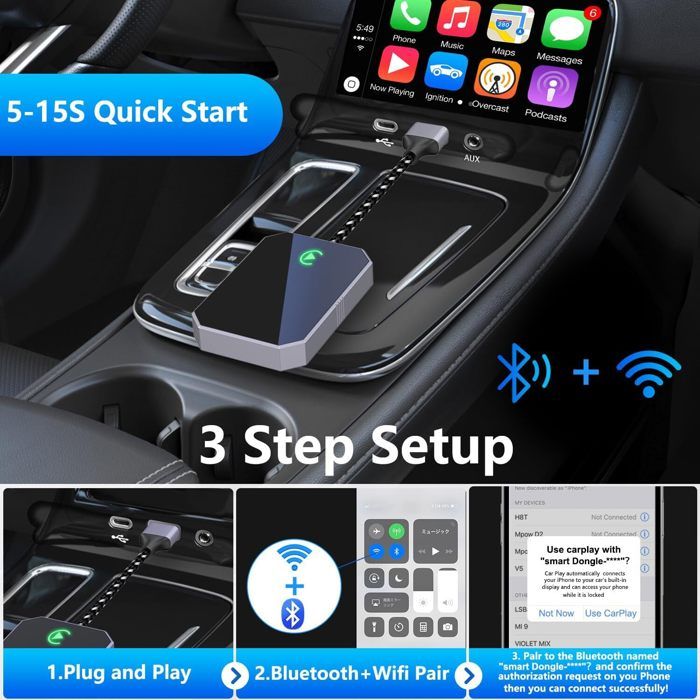 Carplay Sans Fil & Android Auto Sans Fil Adaptateur, 2 En 1 Clé Convertit Android Auto/Carplay Filaire En Sans Fil, USB C/A, Noir - Auto
