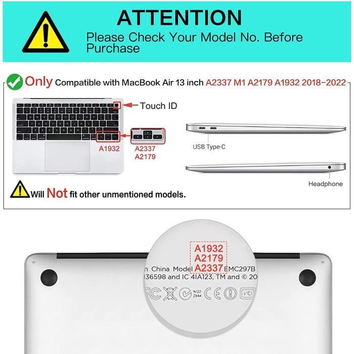 TECOOL Coque MacBook Air M1  Retina 13 Pouces 2020-2018 A2337 A2179 A1932  Touch ID + UE Couverture de clavier, Transparente - Cdiscount Informatique
